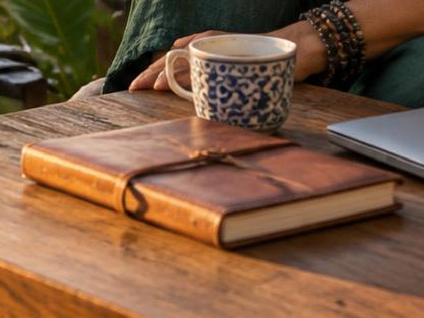 Cuaderno de cuero y una taza de café sobre una mesa de madera